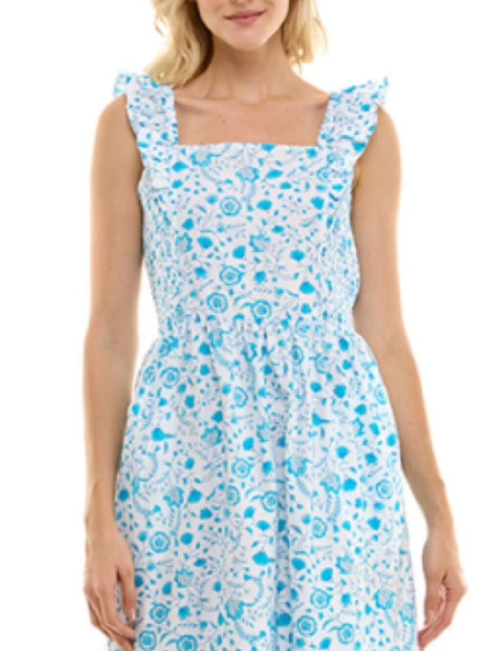 NWT! Draper James 100% Cotton Ruffle Sleeve Dress w/ Pockets Blue & White